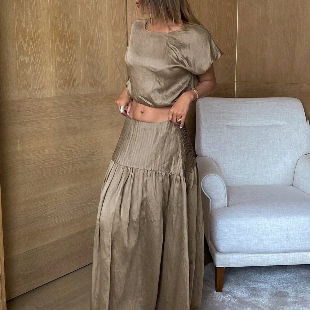 Coffee Brown Women's Vacation loose fit top with maxi skirt Outfit Set - Picture 6 of 7